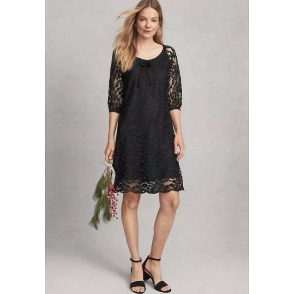 Garnet Hill Bohème Easy Lace Black Dress Sheath 3/4 Sleeve Lined Size 14 $169